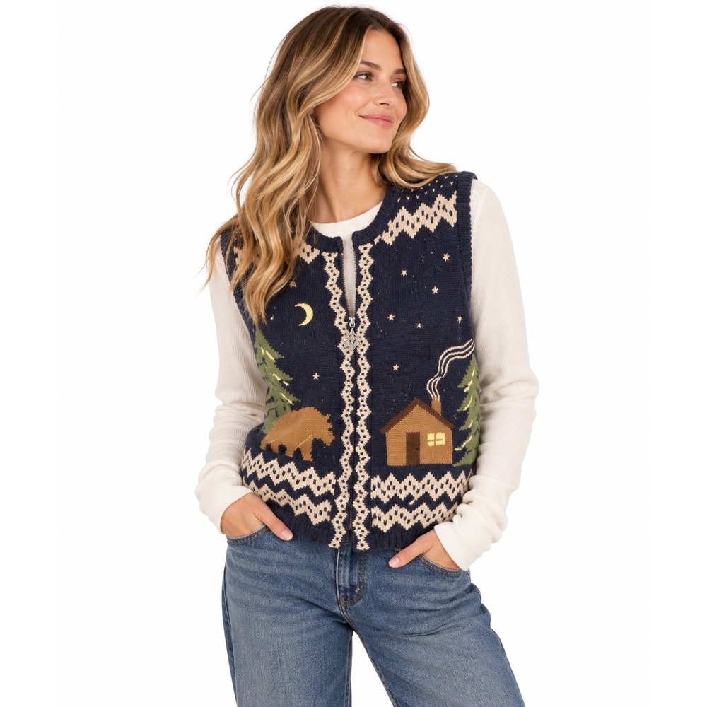 Christopher & Banks Navy Blue Bear Cabin Nature Full Zip Sweater Vest Large